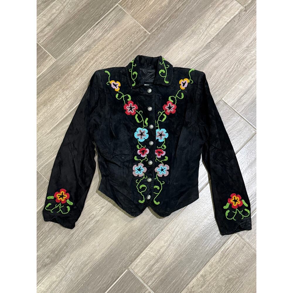 Vintage 80s Floral Beaded Suede Cropped Women's Jacket